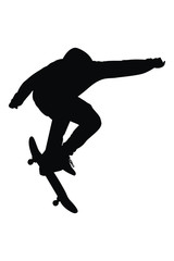 Vector silhouette of male skater jumping on board in extreme skateboarding sport competition, graphic illustration of young man on skating practice in the street