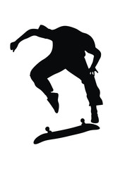 Vector graphic of male skater jumping on board trick in extreme skateboarding sport, silhouette of young skater playing a freestyle board trick for fun