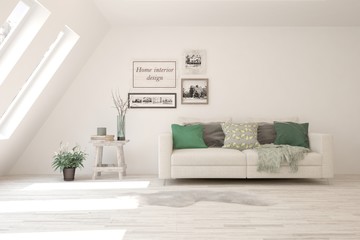 White living room with sofa. Scandinavian interior design. 3D illustration