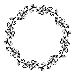 Beautiful wreath with abstract flowers, elements and dots on a white background. Black and white vector illustration of a patterned frame wreath with place for text. Isolated object for your design.