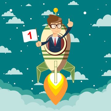 Happy businessman holding number one flag standing in rocket ship flying through starry sky. Start up business concept.