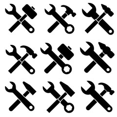 Hammer and wrench. Repair icon, logo isolated on white background