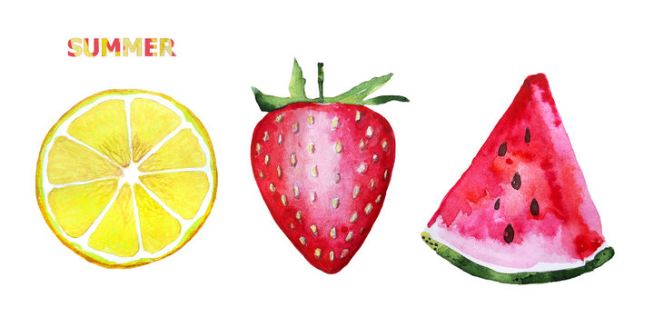 Fruit set. Set of red watermelon slice, lemon slice, strawberry. Fresh Summer watercolor illustration. Fruit isolated on white