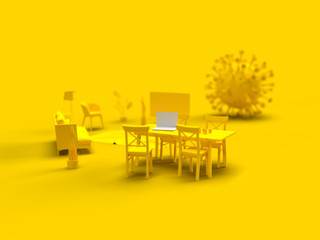 3d depth of field render of a home scene with sofa, dining table, large tv, plants and a laptop with yellow texture, next to a 3d virus model, coronavirus, covid19
