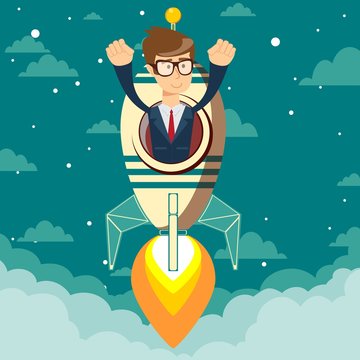 Happy businessman in a rocket ship launching to starry sky. Start up business concept. Stock flat vector illustration.