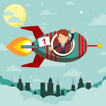 Happy businesswoman in a rocket ship launching to starry sky. Start up business concept. Stock flat vector illustration.