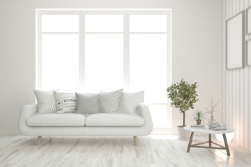 White living room with sofa. Scandinavian interior design. 3D illustration
