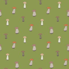 Seamless pattern with forest mushrooms on green background. Vector image.