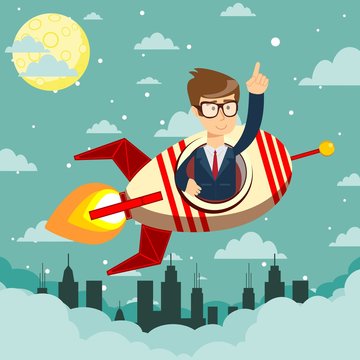 Happy businessman in a rocket ship launching to starry sky. Start up business concept. Stock flat vector illustration.
