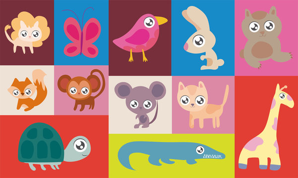 set of animals in kawaii style