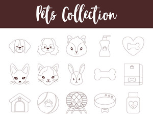 set of icons with domestic animals and accessories, line style icon