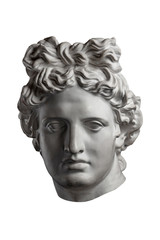 White gypsum copy of ancient statue of Apollo God of Sun head for artists on a white background. Plaster sculpture of man face. Renaissance epoch. Portrait.