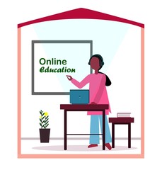 eacher in online classroom education, work from home in COVID 19 epidemic time. Online Class. School Study at home through Teleconference or Video Conference.Covering term Syllabus. WFH  clipart