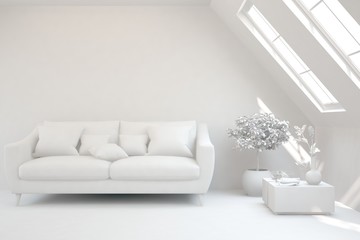 White minimalist living room with sofa. Scandinavian interior design. 3D illustration