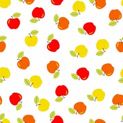 Red, orange, yellow apple with a leaflet seamless pattern. Summer Illustration. Design for fabric, scrapbooking, packaging paper, wallpaper, wrapping, menu