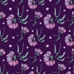 Watercolor seamless pattern with purple flowers, perfect for fabric and packaging paper, cards and invitations.