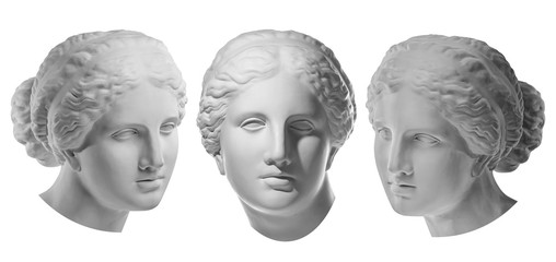 Three gypsum copy of ancient statue Venus head isolated on white background. Plaster sculpture woman face. - 344506993