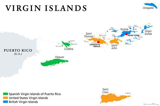 Virgin Islands map with political jurisdictions. British, Spanish and U.S. Virgin Islands in the Caribbean. British overseas territory and unincorporated territories of the USA. Illustration. Vector.