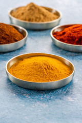 Ground spices in pots - tumeric, paprika, chilli and curry powder - closeup with selective focus