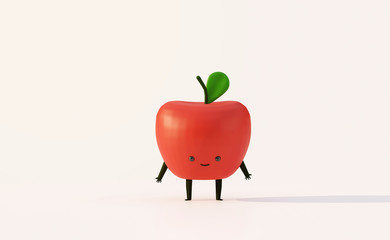 Red apple cute cartoon character  on white background ,3d render illustration.