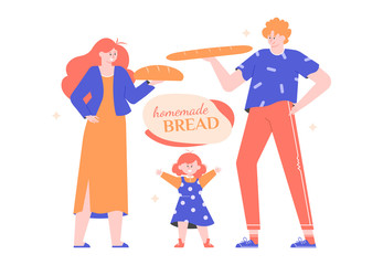 Mom, dad and little daughter baked homemade bread. Family leisure activities. Vector flet illustration.
