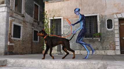 Alien walking a dog in an old town © Bert Folsom