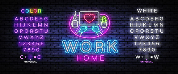 Work Home Neon concept coronavirus COVID-19. The company allows employees to work from home to avoid viruses. Vector illustration. Editing text neon sign