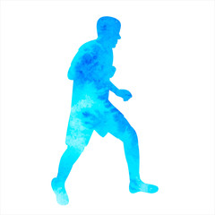  white background, blue watercolor silhouette of a man walking