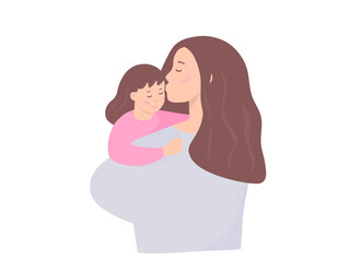 Mother and daughter. A young woman holds a child in her arms and kisses it. Parents and children spend time together. Template for a mother's Day card, banner, poster,background, flat vector.