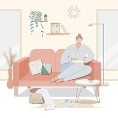 Woman working at home. Remote freelance. Girl with tablet sitting on the chair. Cute vector illustration of student studying in flat style. Stay home. Working online