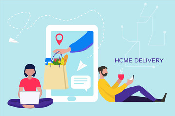 Delivery online. Man and woman order food online. Delivery and shopping by smartphone, laptop concept. Can used for banner, website design, landing web page, social media. Vector illustration in flat.