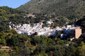 Fototapeta na wymiar View of whitewashed village and surrounding countryside, Igualeja, Andalusia, Spain.