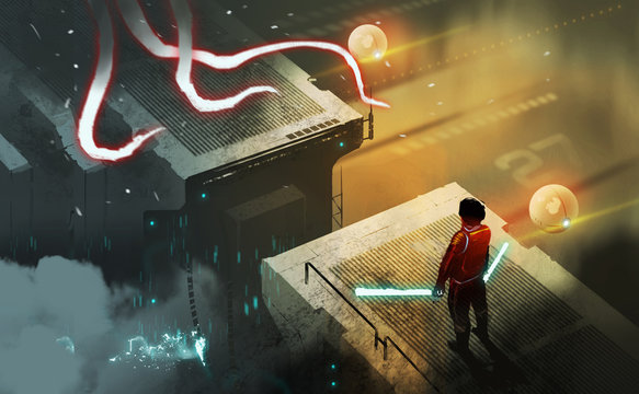 Digital illustration painting design style a man and light saber ready to fight with monster.