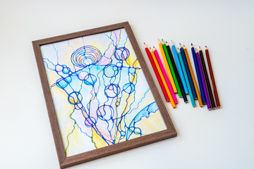 Abstract neurographic drawing with markers and colored pencils. Colorful neurography.