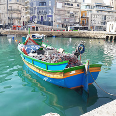 Malta, 2020 Spinola Bay, St. Julian's, characteristic boat
