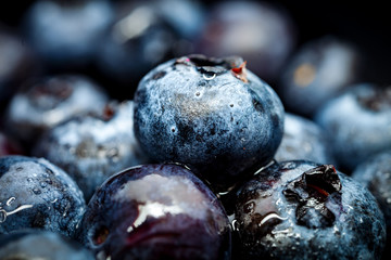 Fresh Blueberry Background. Texture blueberry berries close up. Ripe blueberries with copy space for text. Fresh blueberries scattered. Macro. Selective focus. Horizontal.