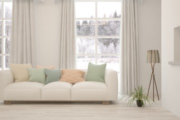 White living room with sofa and winter landscape in window. Scandinavian interior design. 3D illustration