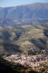 Elevated view of whitewashed village (pueblo blanco) and mountains, Algarinejo, Andalusia, Spain.