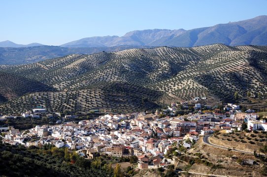 Elevated view of whitewashed village (pueblo blanco) and surrounding countryside, Algarinejo, Andalusia, Spain.