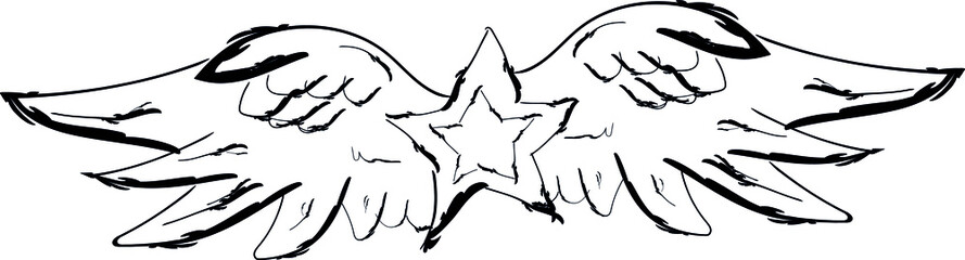 star with black and white wings, hand drawing, tattoo