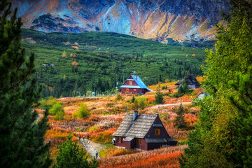 Szałasy na Hali Gąsienicowej w Tatrach w kolorach jesieni - obrazy, fototapety, plakaty