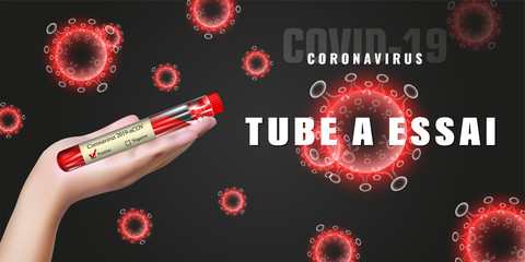 Illustration vectorielle 3D réaliste tenant dans la main un tube contenant du sang pour analyse médicale du coronavirus avec en arrière-plan le modèle de cellules des virus corona. Résultat positif. - obrazy, fototapety, plakaty