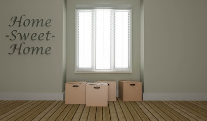 3D render illustration of metallic 3D sign home sweet home against ecru color wall and strong white light coming through window and venetian blinds. Stack of moving boxes in the background.