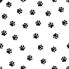 Dogs paws traces illustration. Black stamps on white background. Seamless pattern. For logo, wallpaper, fabric, packing, wrapper, scrapbooking, digital paper