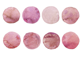 Pink and blush watercolor circles set. Hand painted Spots on white background. Round. Isolated. Blobs of different colors