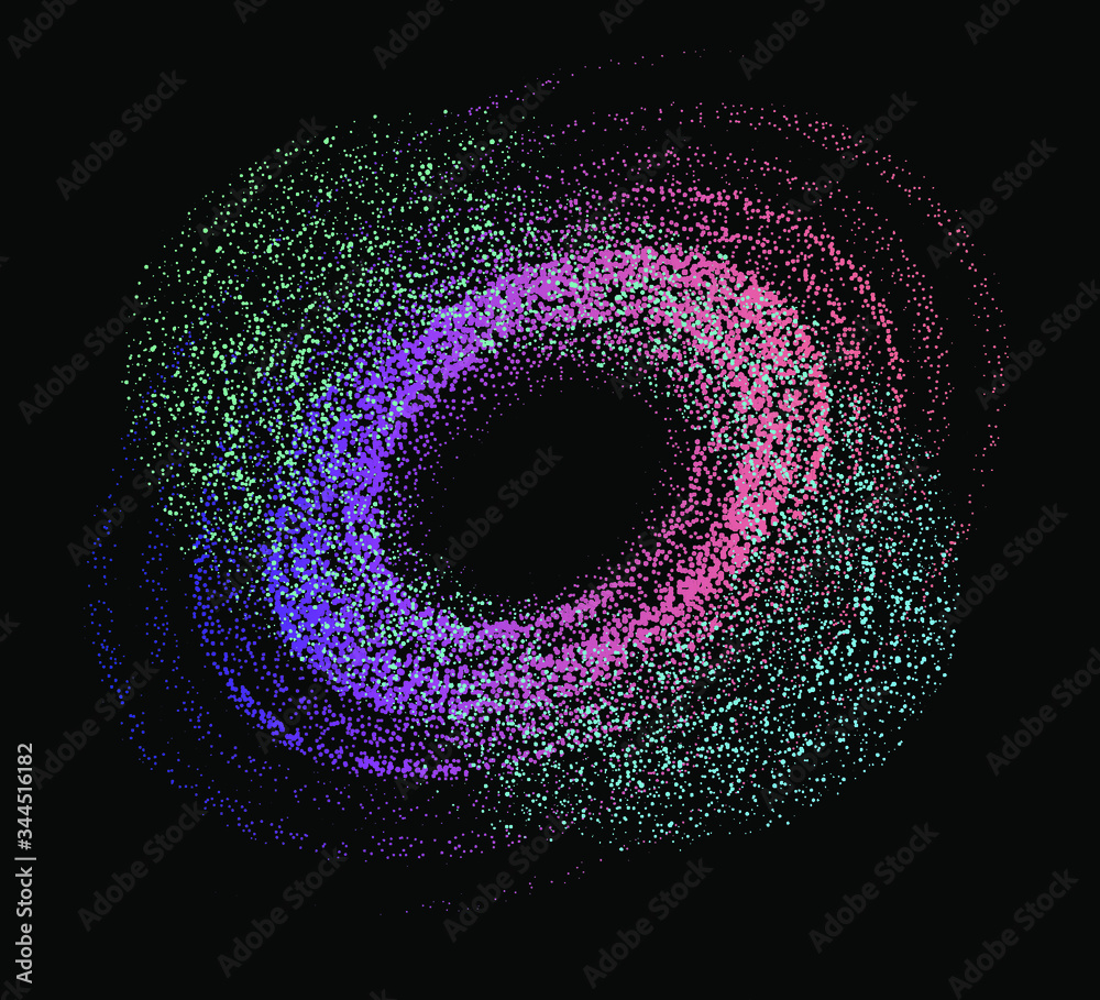 Poster cosmic nebula, swirl and spiral made of dots and particles.