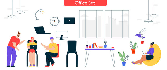 Vector character illustration of work process at office set