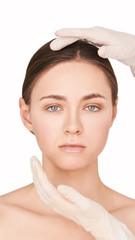 Beauty girl cosmetology test. Doctor gloves. Cosmetology clinic treatment. Woman face therapy....