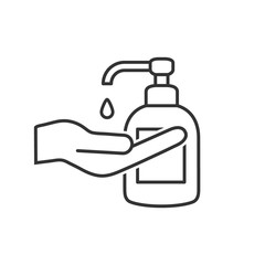 Washing hand with sanitizer line vector illustration. Antiseptic with people arm isolated on white background.