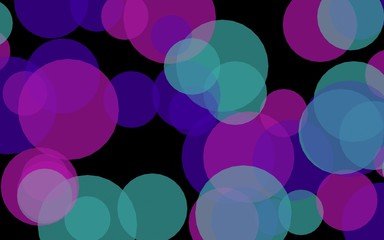 Multicolored translucent circles on a dark background. Pink tones. 3D illustration